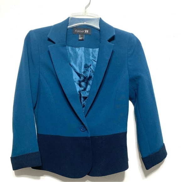 Forever 21 Blue Navy Button Up Dress Blazer Cropped Long Sleeves size Small - Picture 1 of 6
